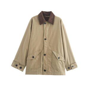 Canvas Utility Jacket Corduroy Collar Button Down Oversized Women